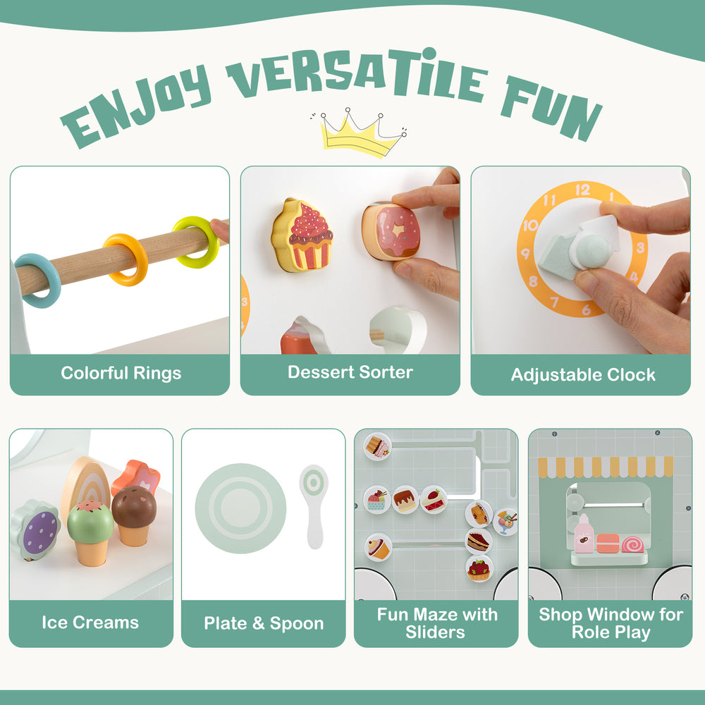 Colorful dessert sorter and adjustable clock on the 2-in-1 baby walker with storage for imaginative play and learning.