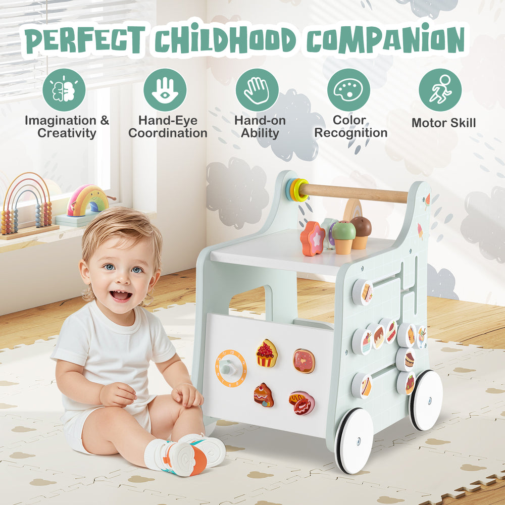 Light green 2-in-1 baby walker with storage and colorful dessert sorter, promoting motor skills and imaginative play.