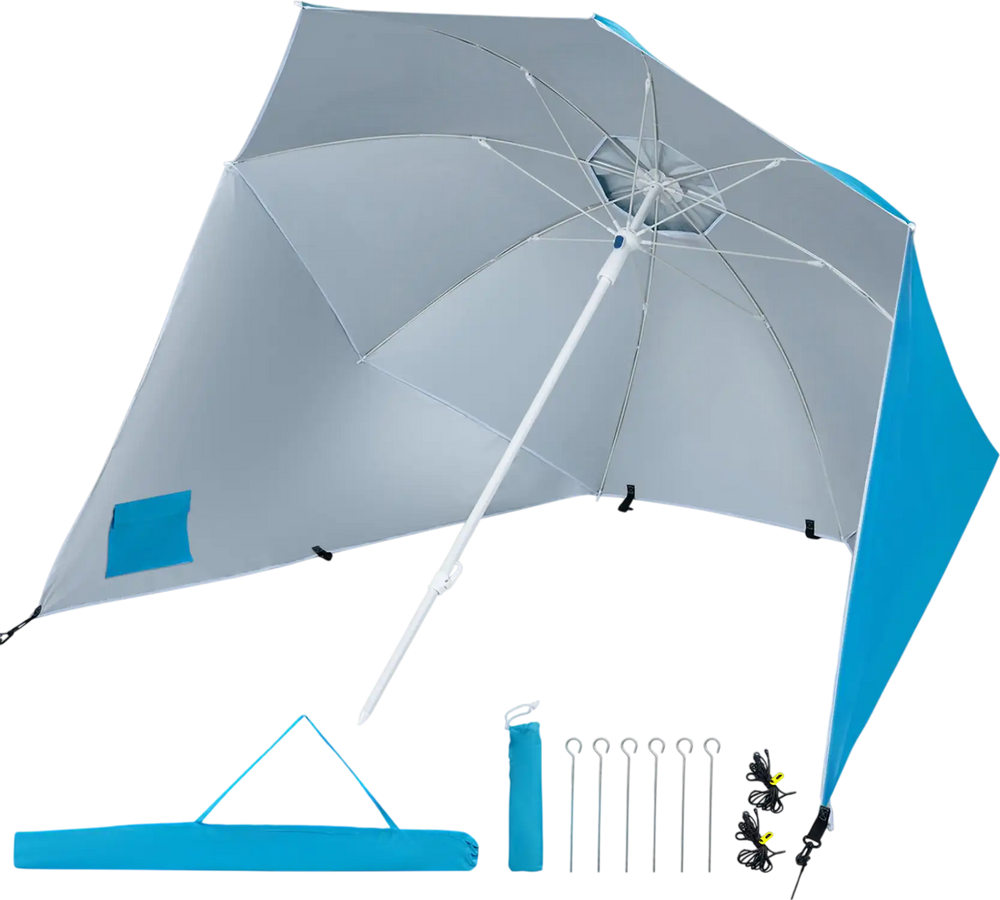 Turquoise 2-in-1 beach shelter umbrella with side panels and air vent, perfect for outdoor activities and reliable shade coverage.