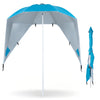 Turquoise 2-in-1 beach shelter umbrella with side panels, featuring adjustable height and convenient fixing tie for easy setup.