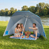 Turquoise 2-in-1 beach shelter umbrella with side panels provides UPF 50+ sun protection for picnics and camping.