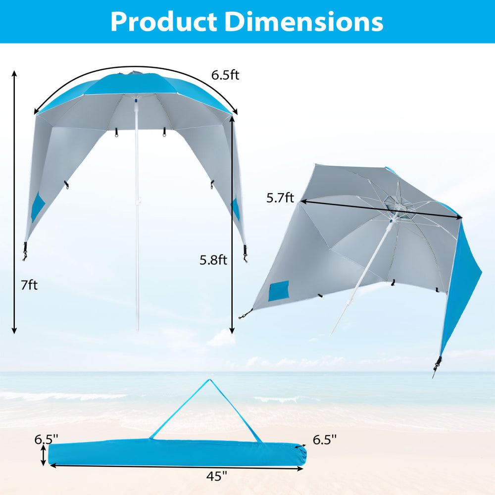 Product dimensions of the turquoise 2-in-1 beach shelter umbrella with side panels for camping and picnics.