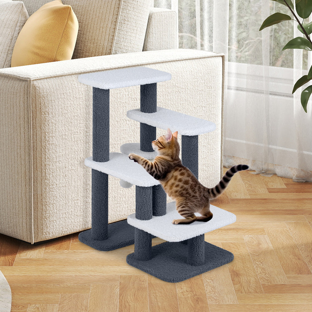 Cat stairs and tree tower in gray with plush platforms, ideal for climbing and play, perfect for small or senior pets.