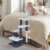 Cat stairs and tree tower in gray with plush platforms, scratching posts, and a dangling toy ball for playful.