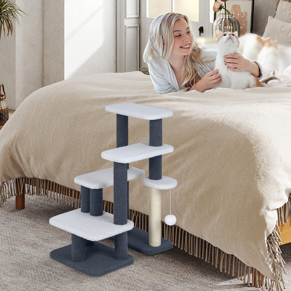 Cat stairs and tree tower in gray with plush platforms, scratching posts, and a dangling toy ball for playful.