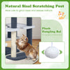 Cat tree tower with scratching posts and plush dangling ball, designed for climbing and playful interaction.