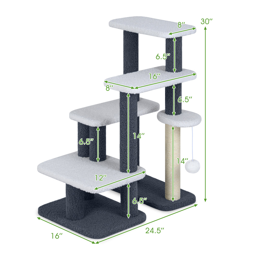 Cat tree tower with gray faux sherpa, featuring 4 platforms, scratching post, and hanging toy ball for playful climbing.