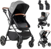 Convertible gray baby stroller with car seat adapters, featuring a retractable canopy and adjustable handlebar for convenience.
