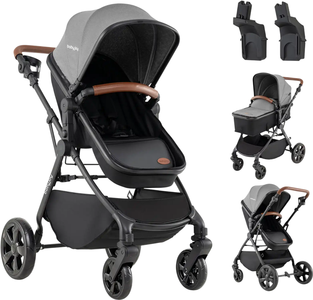 Convertible gray baby stroller with car seat adapters, featuring a retractable canopy and adjustable handlebar for convenience.