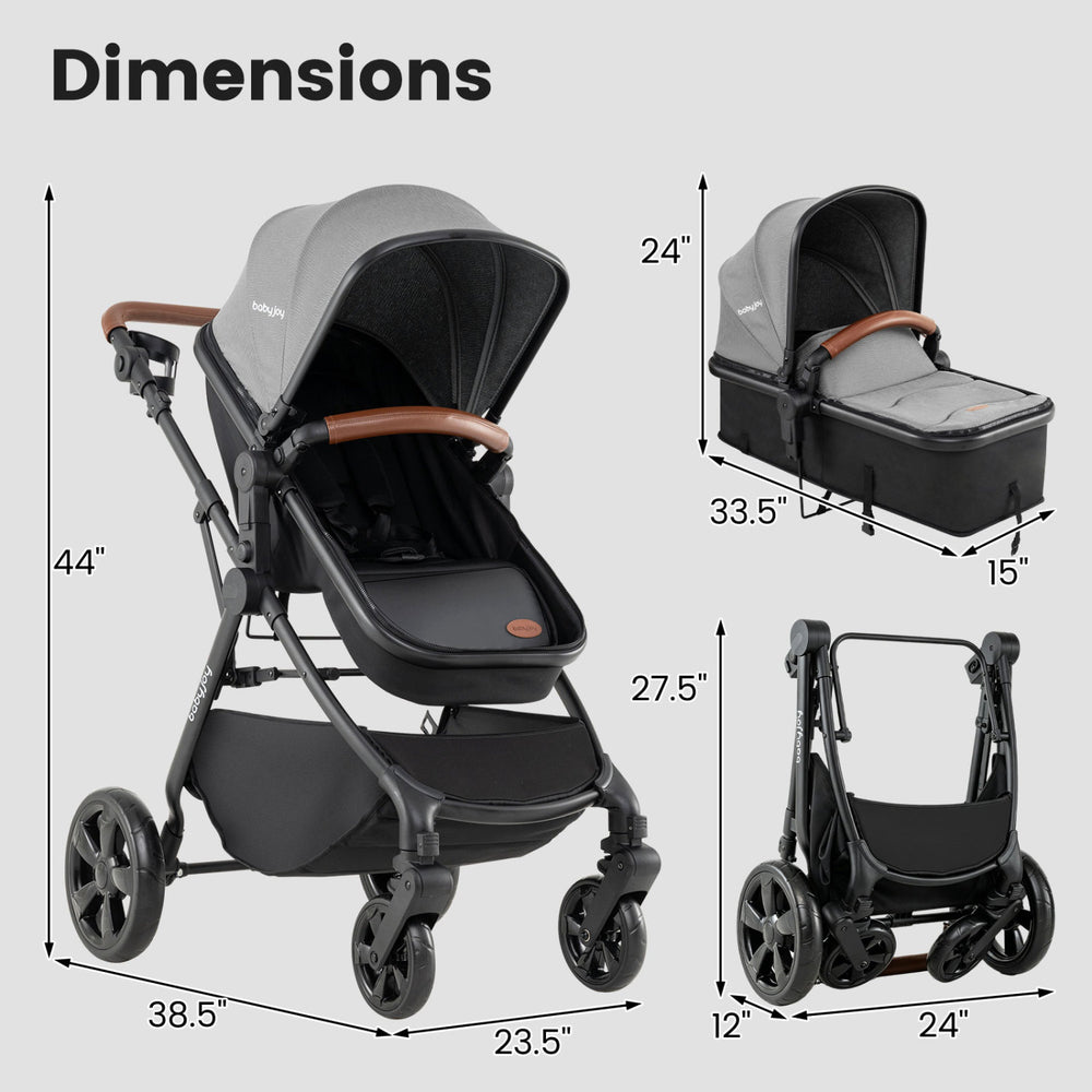 2-in-1 convertible baby stroller in gray with adjustable handlebar, retractable canopy, and car seat adapters for infants.