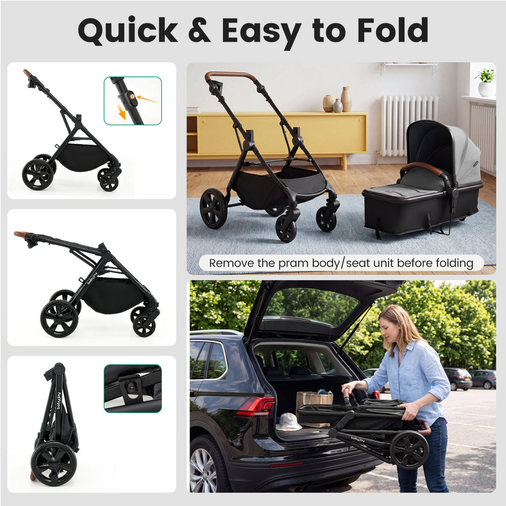 Convertible gray baby stroller with car seat adapters, featuring a quick fold mechanism and adjustable handlebar for convenience.