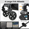 Close-up of the stroller's 4 large EVA wheels with shock-absorbing springs and a rear foot brake for safety and comfort.