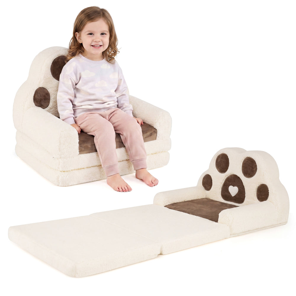 Convertible kids sofa lounger in cream with brown paw print, featuring removable cover and ergonomic support for.