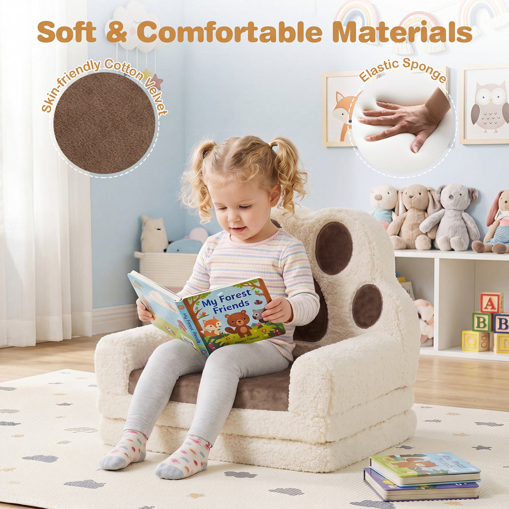 Convertible kids sofa in brown with soft cotton velvet, featuring a cozy design for playrooms and nurseries.