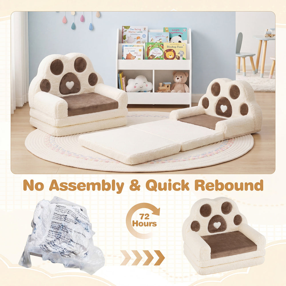Convertible kids sofa lounger in brown with bunny paw design, featuring a removable cover for easy cleaning and.