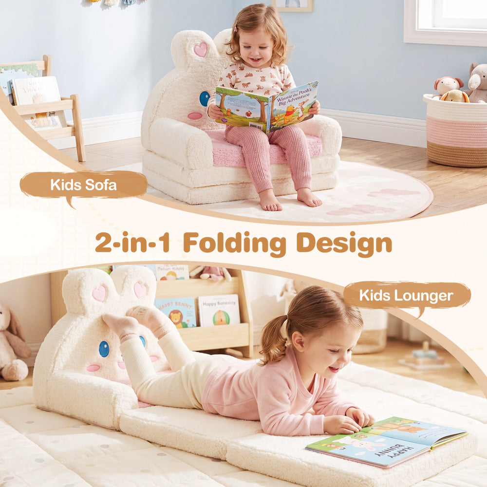 Kids sofa and lounger in pink with bunny pattern, featuring a 2-in-1 folding design for versatile playtime comfort.