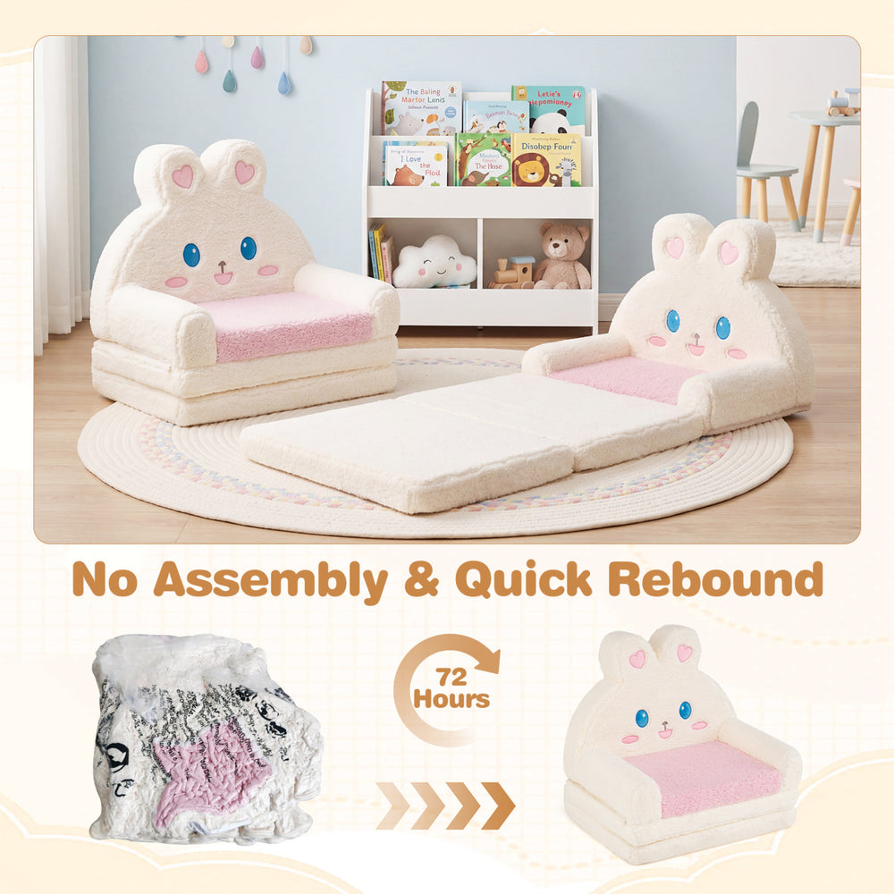 Convertible kids sofa with bunny pattern in pink, easily transforms to a lounger for playful comfort and relaxation.