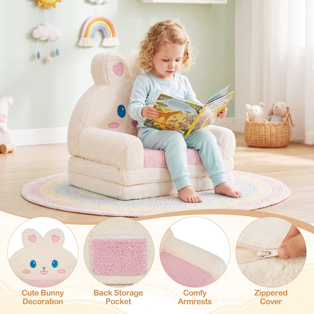 Convertible kids sofa with bunny pattern in pink, featuring comfy armrests and back storage pocket for playtime.