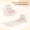 Convertible kids sofa to lounger with bunny pattern in pink, dimensions shown for ages 18-36 months.