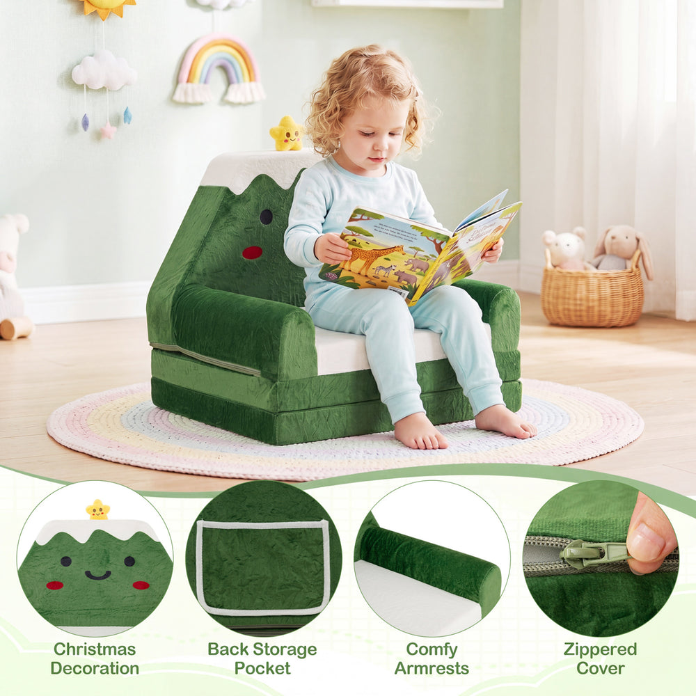 Convertible kids sofa in green with Christmas patterns, featuring comfy armrests and a back storage pocket.