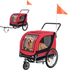 2-in-1 dog bike trailer in red with breathable mesh windows and safety flag, ideal for biking and walking with pets.