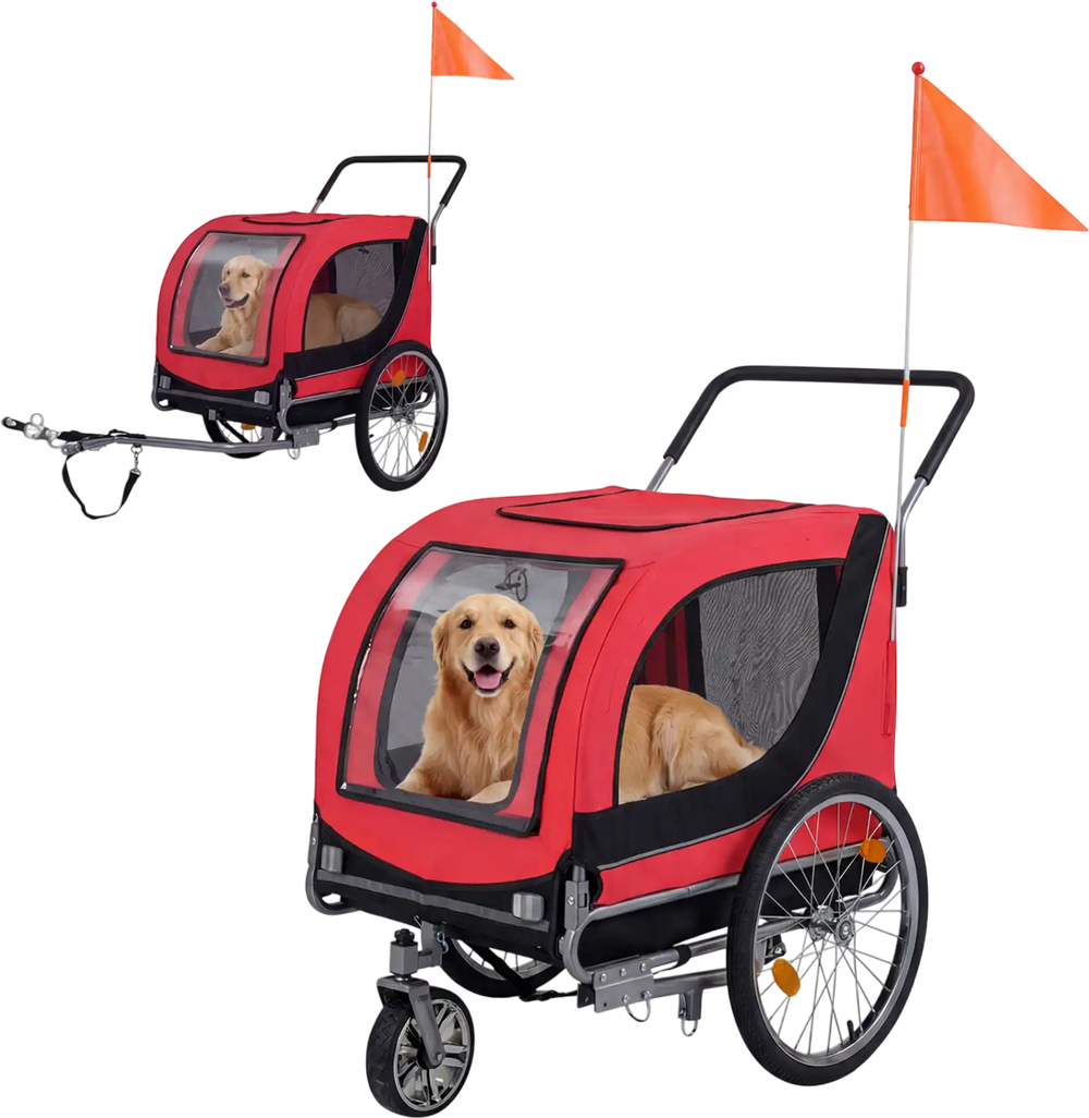 2-in-1 dog bike trailer in red with breathable mesh windows and safety flag, ideal for biking and walking with pets.