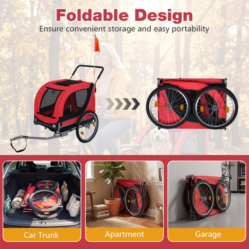 Foldable 2-in-1 dog bike trailer in red with breathable mesh windows, ideal for compact storage in car trunks.