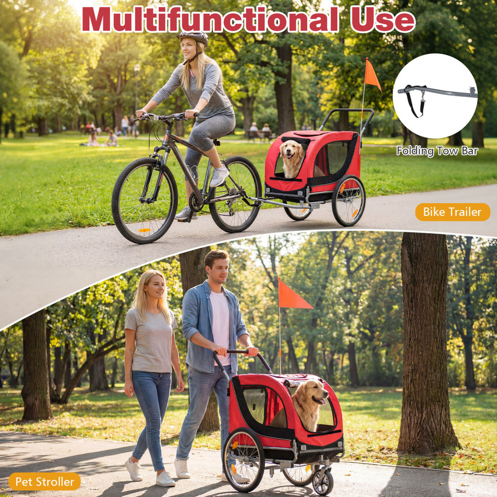2-in-1 dog bike trailer in red with breathable mesh windows, foldable frame, and safety features for biking or.