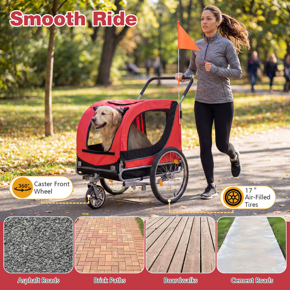 2-in-1 dog bike trailer in red with breathable mesh windows and 19" air-filled tires for smooth rides and easy steering.