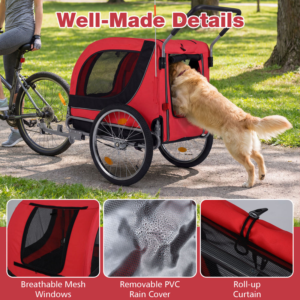 2-in-1 red dog bike trailer with breathable mesh windows, removable rain cover, and foldable frame for easy storage.
