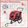 Dimensions of the 2-in-1 dog bike trailer in red, featuring a foldable frame and breathable mesh windows for pet.