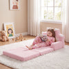 Foldable pink kids sofa bed with removable slipcover, perfect for lounging or reading, featuring soft cotton velvet.