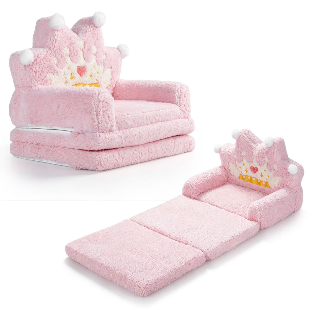 Foldable pink kids sofa bed with crown design, soft cotton velvet, and removable cover for cozy lounging and play.