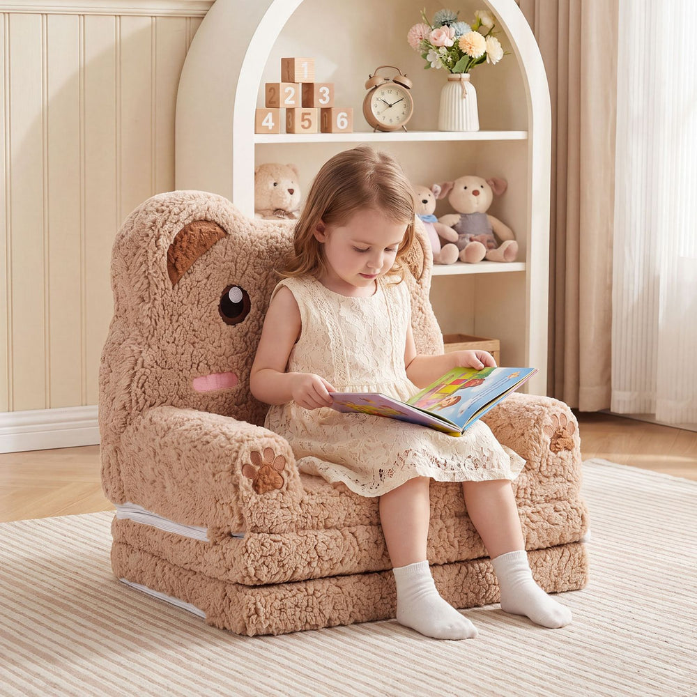 Cozy 2-in-1 foldable kids sofa bed in bear design, perfect for toddlers to read, play, and relax comfortably.