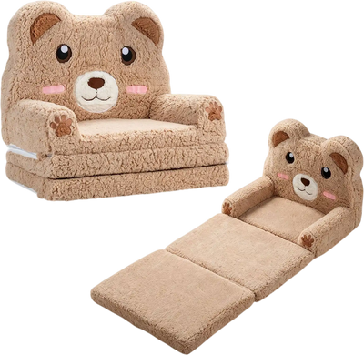 Costway 2-in-1 Foldable Kids Sofa Bed Washable Slipcover Bear Print 55215341 New