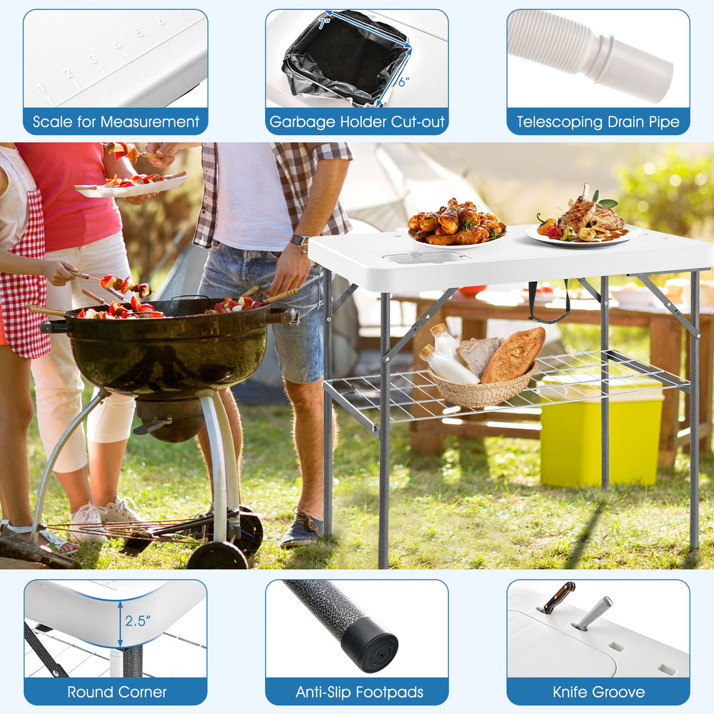 Folding fish cleaning table with double sinks, HDPE tabletop, and drainage hole, ideal for camping and picnics.