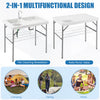 Folding fish cleaning table with double sinks, heavy-duty metal frame, ideal for camping, fishing, and picnics.