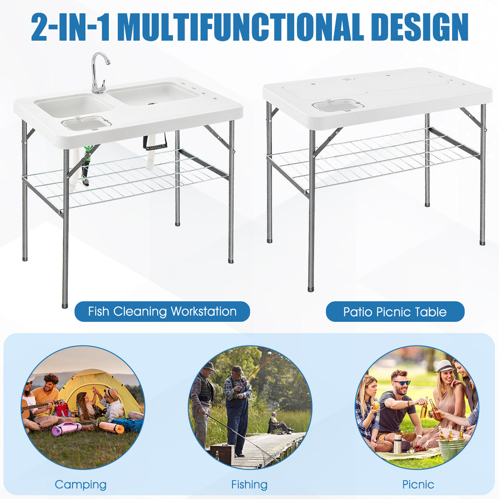 Folding fish cleaning table with double sinks, heavy-duty metal frame, ideal for camping, fishing, and picnics.