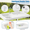 Double-sink folding fish cleaning table in white with a 360° rotatable faucet, ideal for camping and picnics.