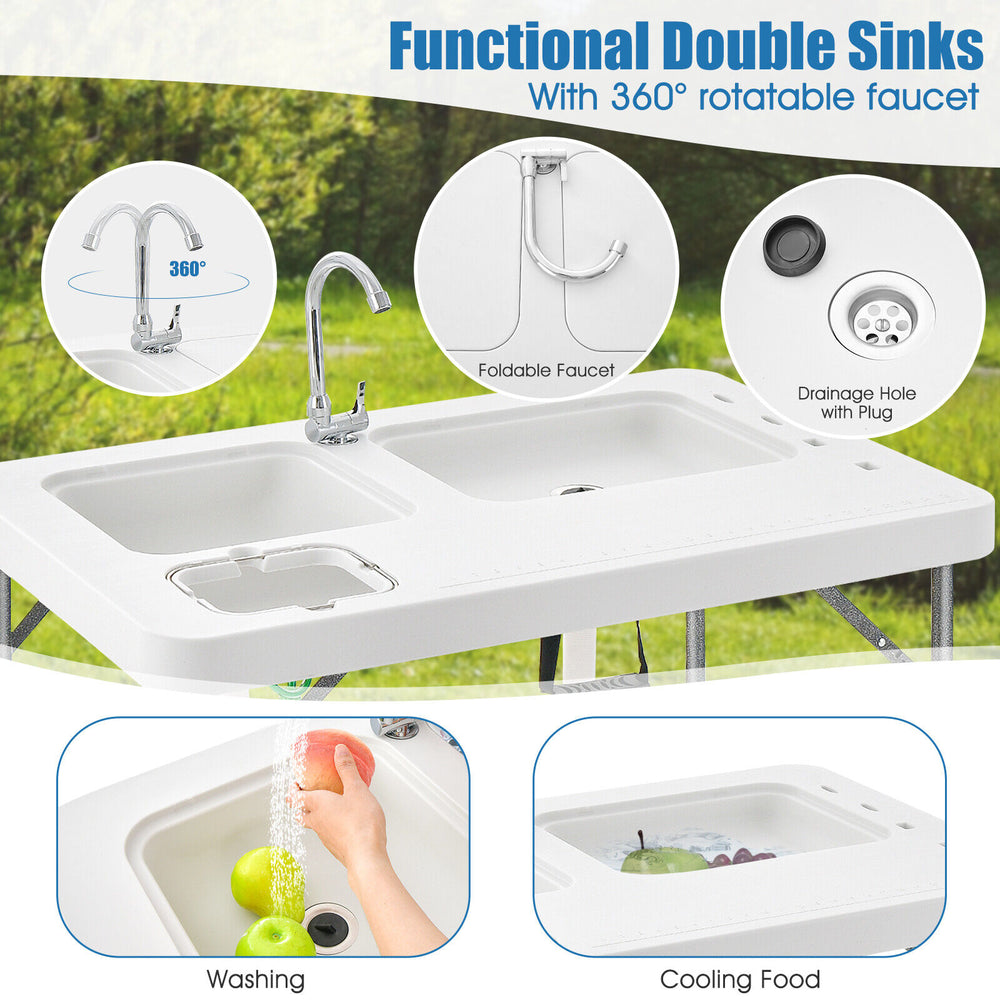 Double-sink folding fish cleaning table in white with a 360° rotatable faucet, ideal for camping and picnics.