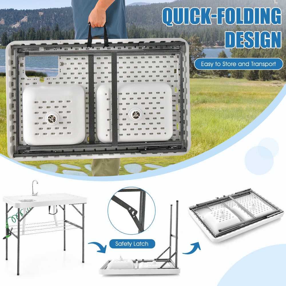 Folding fish cleaning table with double sinks, 360° faucet, and compact design for easy transport and storage.