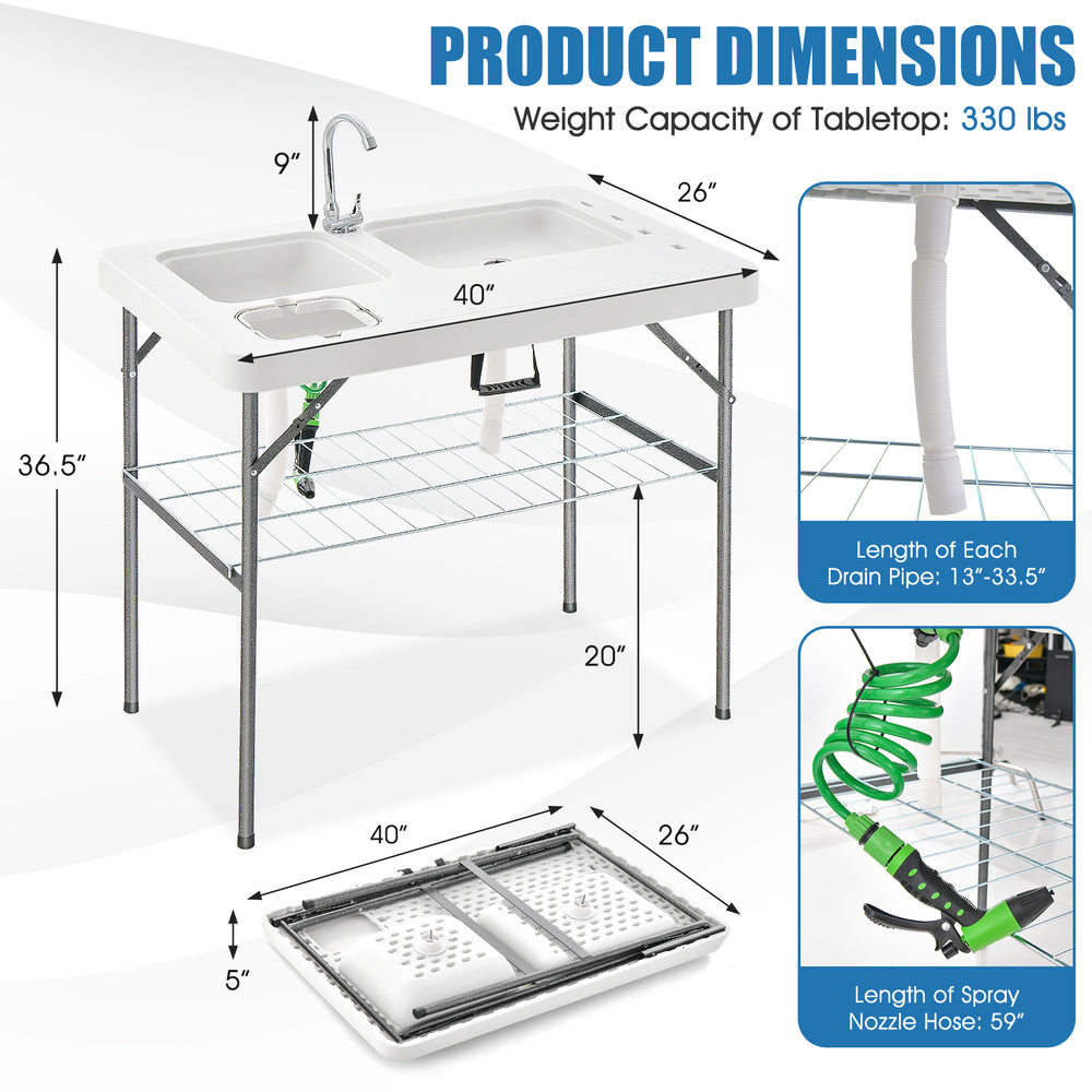 Folding fish cleaning table with double sinks, HDPE tabletop, and metal frame, ideal for camping and picnics.