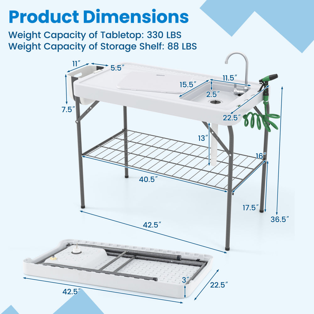 Folding fish cleaning table with sink, measuring 42.5" x 22.5", features a robust metal frame and convenient storage.