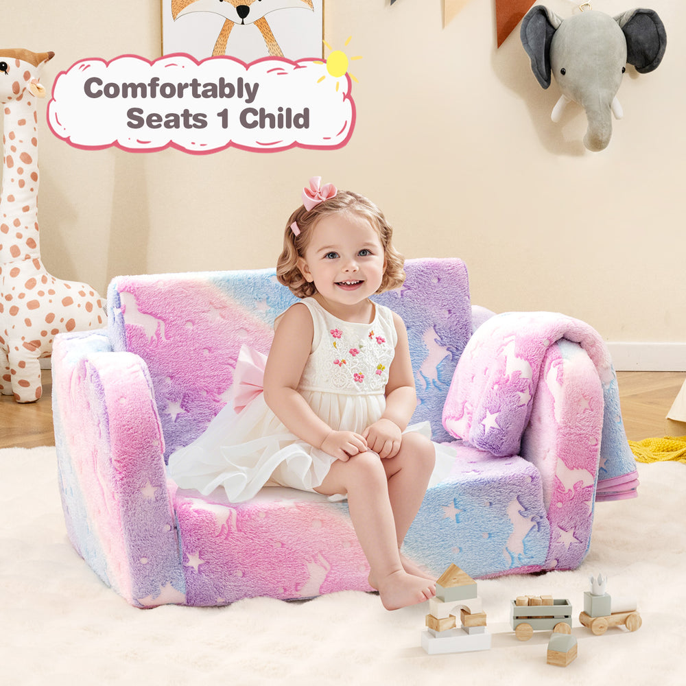 Multicolor 2-in-1 folding kids couch with blanket, comfortably seats 1 child, glows in the dark for a magical.