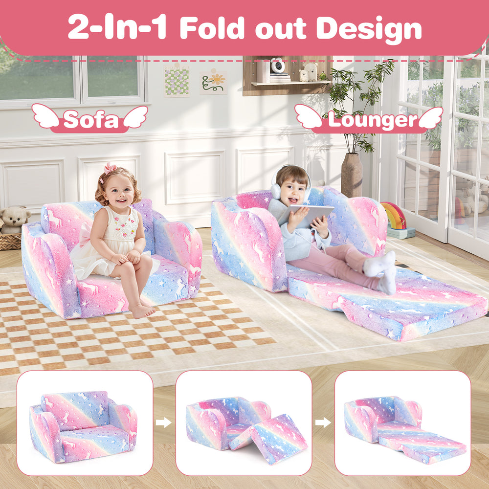 Colorful 2-in-1 folding kids couch and lounger with glow-in-the-dark design, soft flannel cover, and supportive foam.