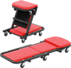 2-in-1 folding mechanic creeper in red, convertible between stool and flat creeper, with padded seat and 6 wheels.