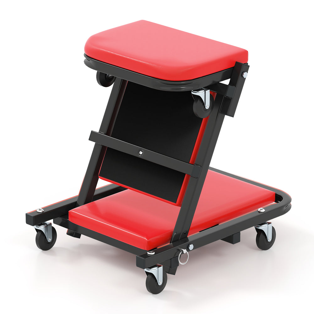 Red 2-in-1 folding mechanic creeper with padded seat, heavy-duty frame, and 6 wheels for garage and workshop use.