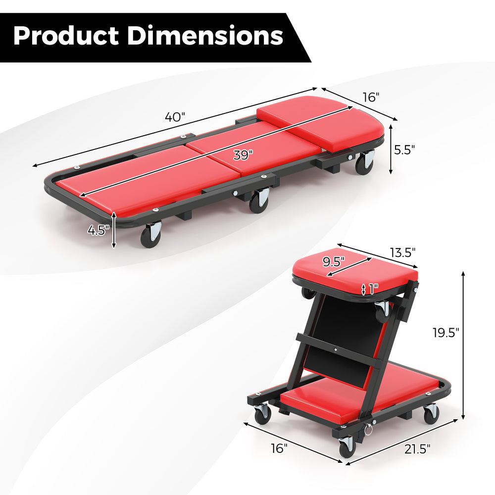 Dimensions of the 2-in-1 Folding Low Profile Mechanic Creeper with Padded Seat, featuring a red padded design and six.