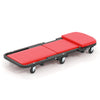 Red mechanic creeper with padded seat, featuring a low profile design and 6 wheels for easy movement in workshops.