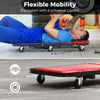 Low profile mechanic creeper with padded seat, 6 universal wheels, and durable metal frame for garage use.